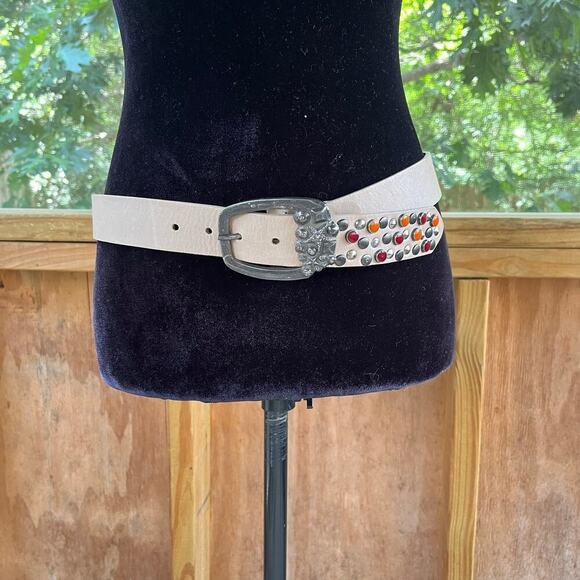 Velez Women's Cream Leather Beaded Western Style Belt Size M - Picture 1 of 8